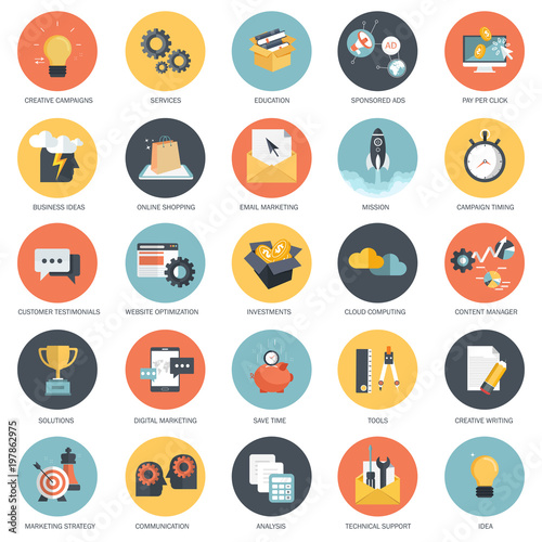 Business, finances and technology icon set. Flat vector illustration