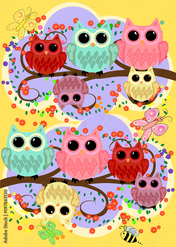 Happy family of owls on flowering tree branches. Daddies, mothers and children, grandparents. Spring, summer, honeymoon season