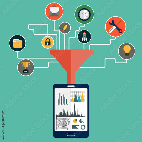 Concepts for creative process, big data filter, data tunnel and analysis. Flat vector illustration