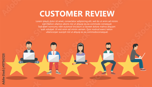 Concept of feedback, testimonials messages and notifications. Rating on customer service illustration. Five big stars with people sitting on them and giving reviews on their lap tops. Flat vector