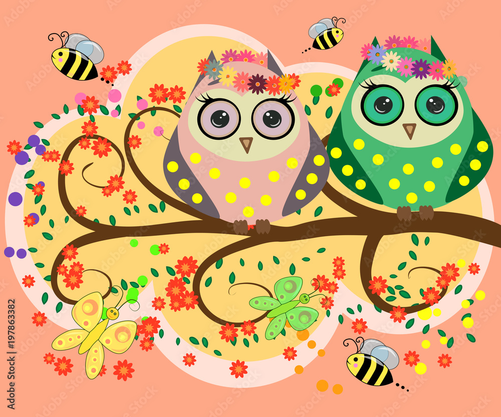 Bright, cartoonish, flirtatious, loving owls on the flowering branches of a tree. Spring, summer, girlfriends