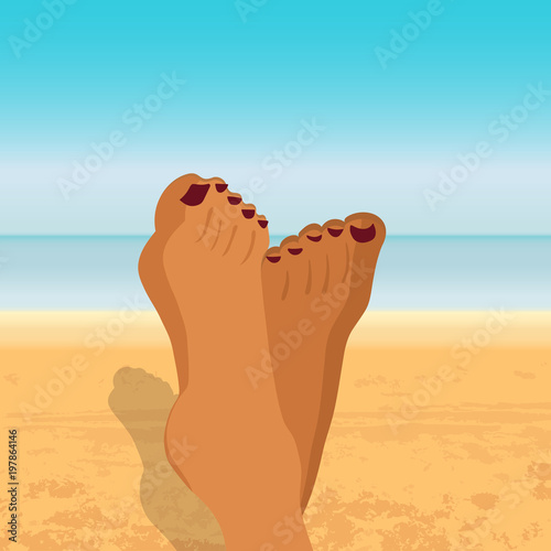 Woman's feet on beach. Concept for travel and vacation. Flat vector illustration