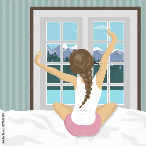 Woman stretching in bed after wake up. Concept for holidays and vacations. Summer mountain scenery. Flat vector illustration