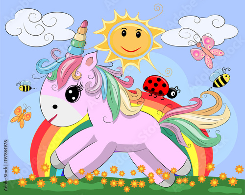 A little pink cute cartoon Unicorn on a clearing with a rainbow  flowers  sun. Postcard  spring  magic