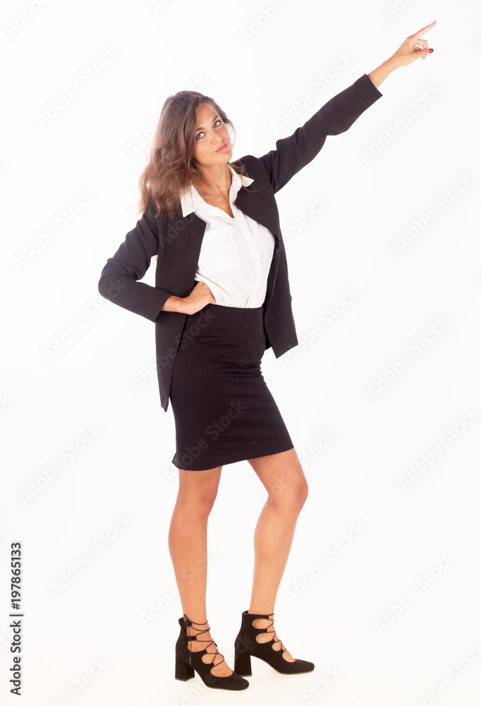 Pretty girl isolated on white, pointing with her hand up right. Copy space photo with customizable background. Pretty girl isolated on white, pointing with her hand up right. Copy space photo with customizable background.