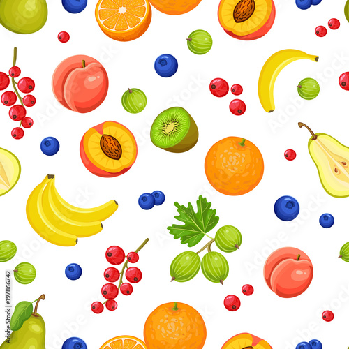 Fototapeta Naklejka Na Ścianę i Meble -  Vector seamless pattern with fruits and berries on white background. Colorful illustration.