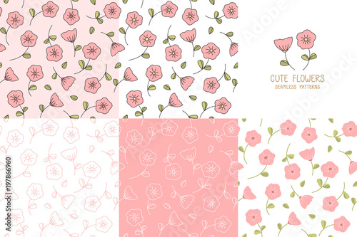 Set of seamless flowers pattern, cute floral texture, vector illustration.