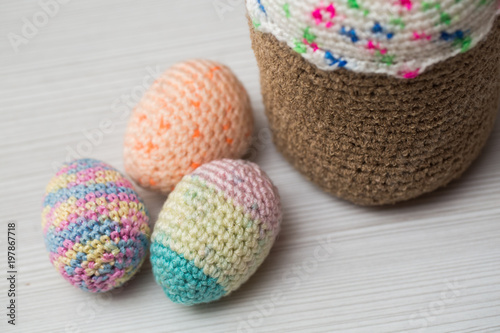 Knitted Easter eggs, chicken, rooster.