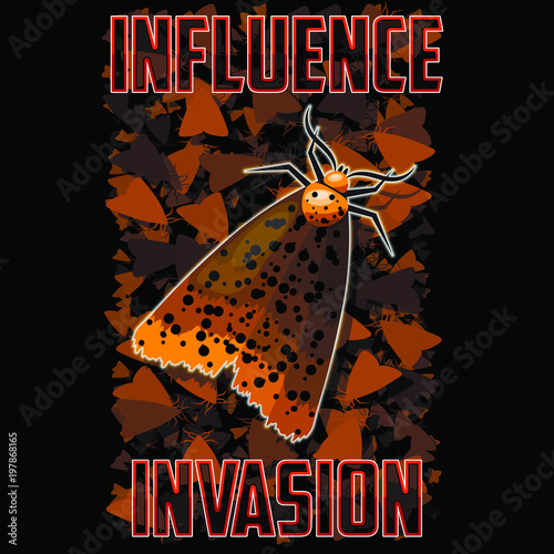 T-shirt or poster illustration. Moth against the background of swarming insects. Background and text are located on separate layers and can be easily disabled.