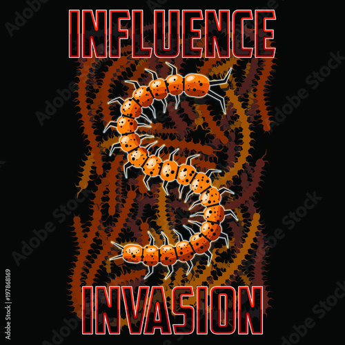 T-shirt or poster illustration. Centipede against the background of swarming insects. Background and text are located on separate layers and can be easily disabled.