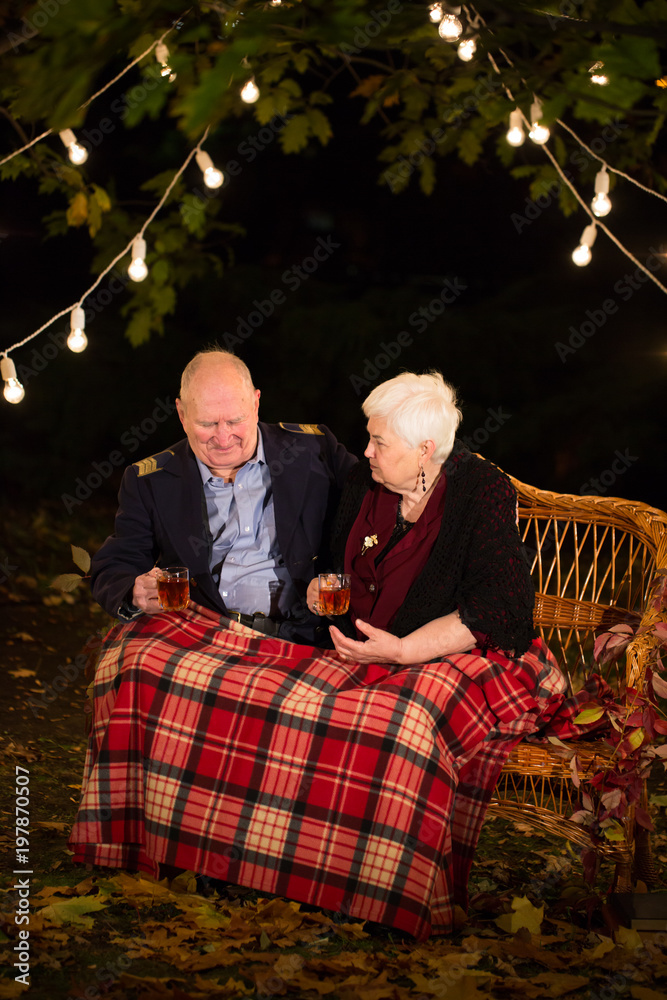 Grandpa and grandma drink tea in the Park.