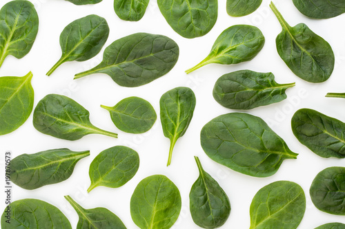 Spinach pattern background on white. Top view