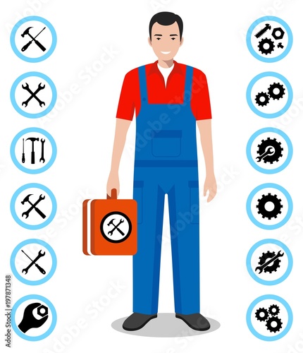 Repair service concept. Detailed illustration of master repairer in flat style. Simple icons set: wrench, screwdriver, hammer and gear. Services icon or button isolated on white background. Vector.