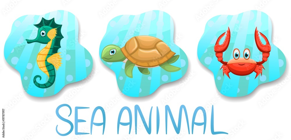 Set of underwater animals.Seahorse,turtle and crab on blue water background. Sea and ocean fauna. Vector illustration