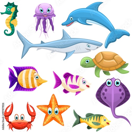 Set of underwater animals. Dolphin, shark, turtle, crab,star, jellyfish,seahorse,fishes. Sea and ocean fauna. Vector illustration.