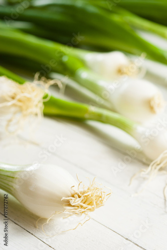 Fototapeta Naklejka Na Ścianę i Meble -  Spring onions on white wooden table