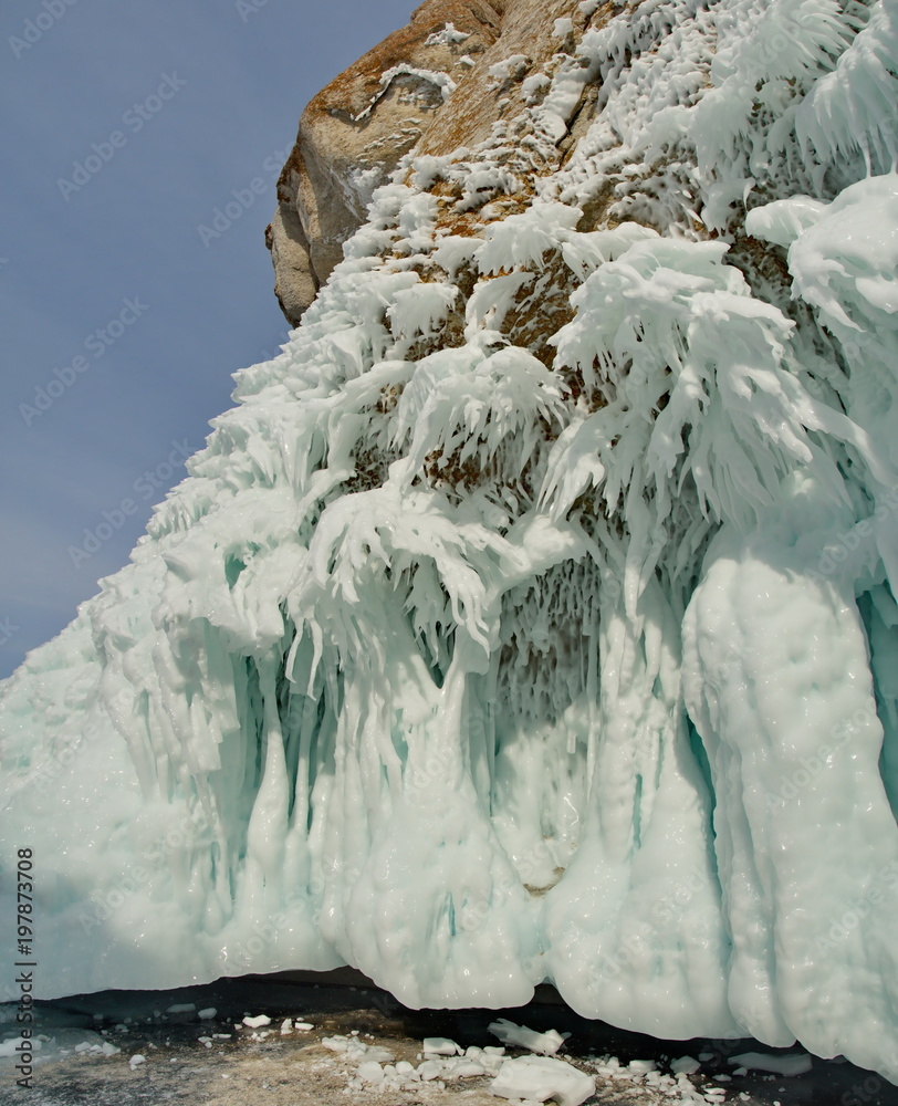 Russia. Fancy icy rocks of lake Baikal.