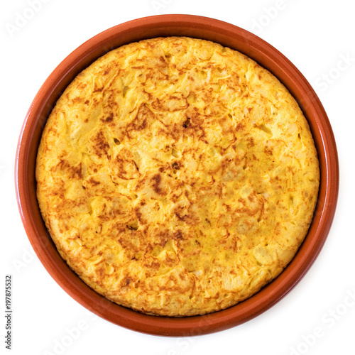 Spanish tortilla isolated on white background, top view. Traditional spanish omelette .
