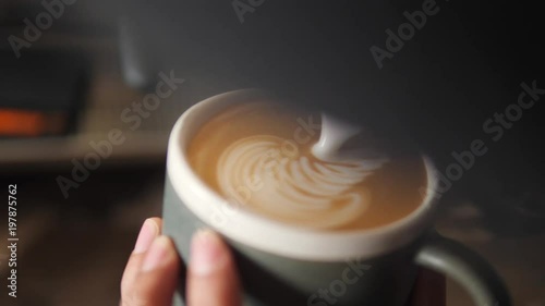 Barista Drawing Latte Art on Coffee with Soy Milk. Process of Making Vegan Lactose Free Drink in Coffeeshop. 4K, Slowmotion Macro Cinematic Closeup.