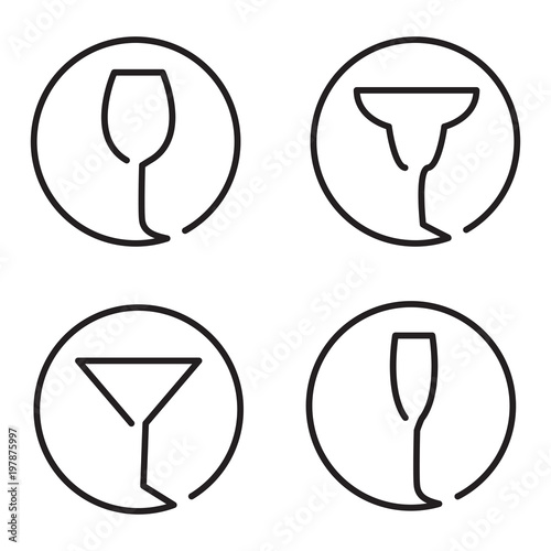 Continuous line art logo set of different glasses, wine, margarita cocktail, martini, champaign