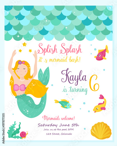 Bright invitation card with cute fairy mermaid
