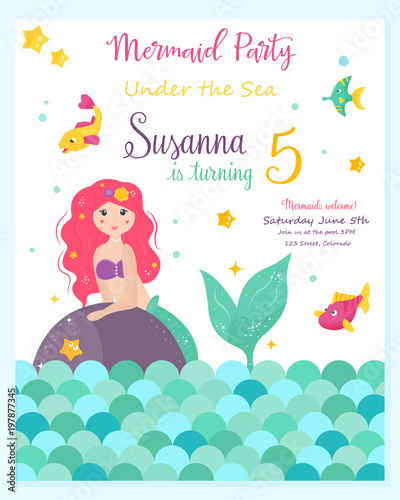 Bright invitation card with cute fairy mermaid