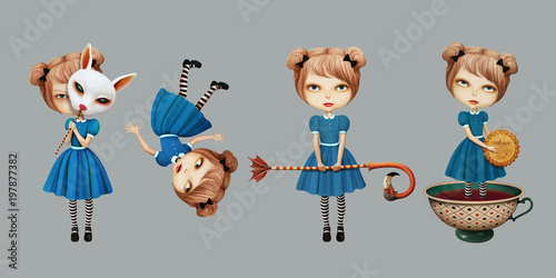 Set of cartoon character in story Wonderland with girl 