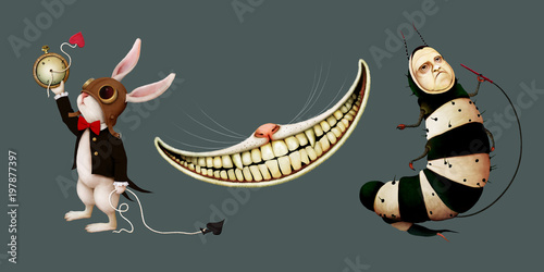 Set of cartoon character in story Wonderland with rabbit, caterpillar and Cheshire cat 