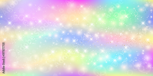 Holographic magic background with fairy sparkles, stars and blurs.