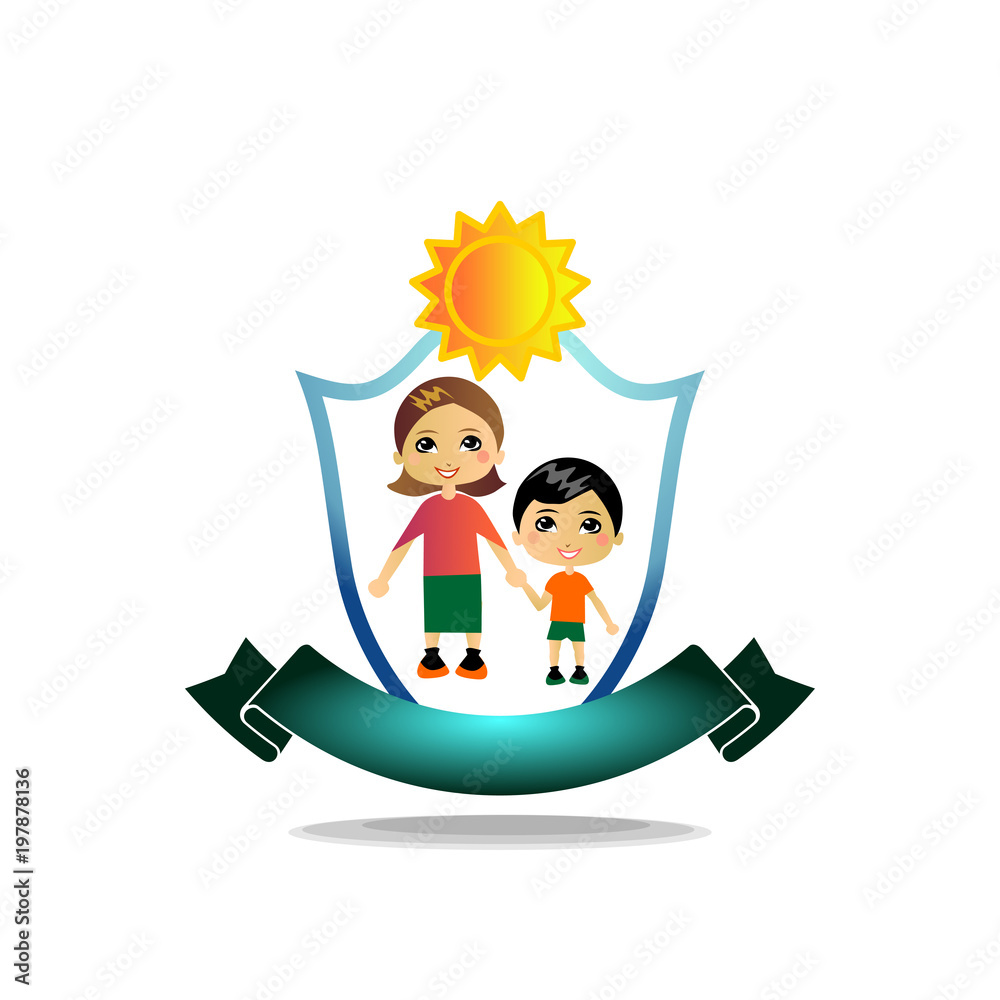 The teacher holds the disciple's hand. Vector logo, illustration with high detail. Boy with Mom The teacher holds the disciple's hand. Vector logo, illustration with high detail. Boy with Mom