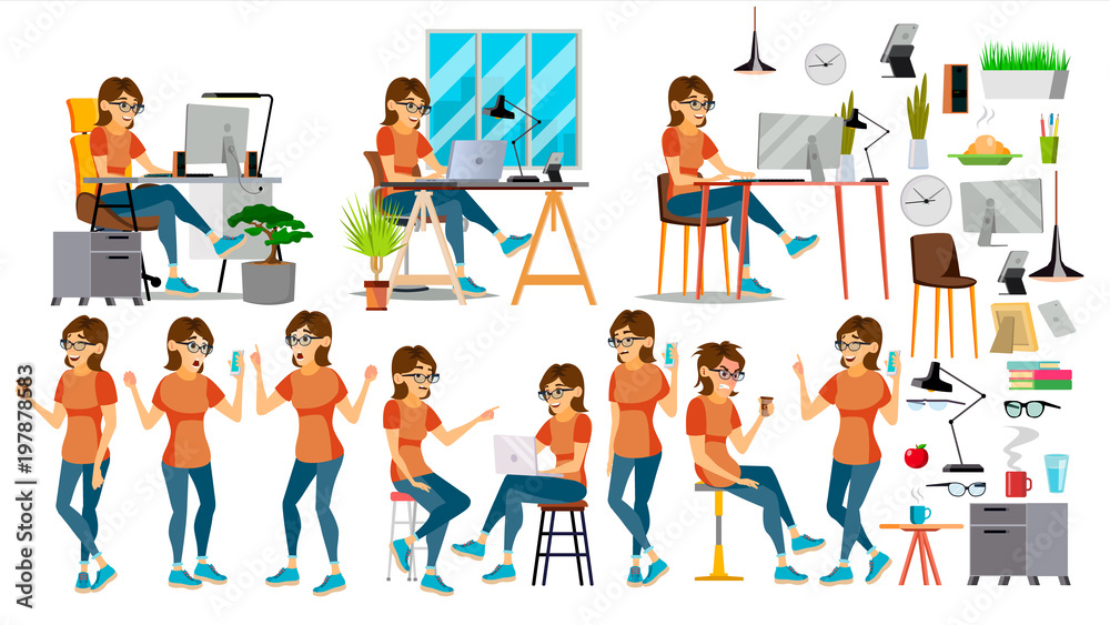 Business Woman Character Vector. In Action. IT Startup Business Company. Environment Process. Planning. Cartoon Illustration