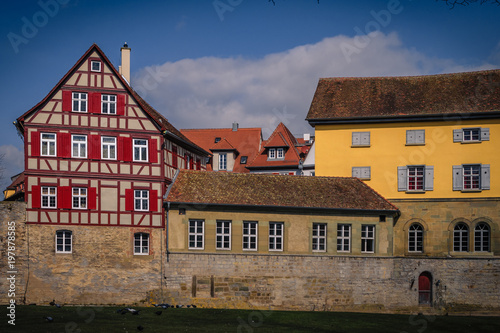 Cityscape with old, half-timbered buildings in romantic medieval town of Schwäbisch Hall in Baden-Württemberg, Germany