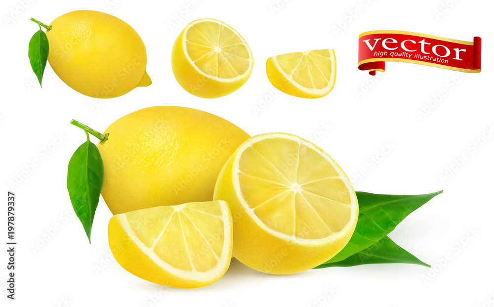 set of ripe juicy lemon whole and lobule realistic vector high detail. Lemon juice Fresh fruit, 3d vector icon. 