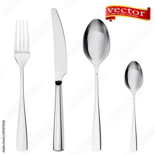 Set of fork, knife and spoon isolated on white. Cutlery spoon, fork, knife vector illustration high detail