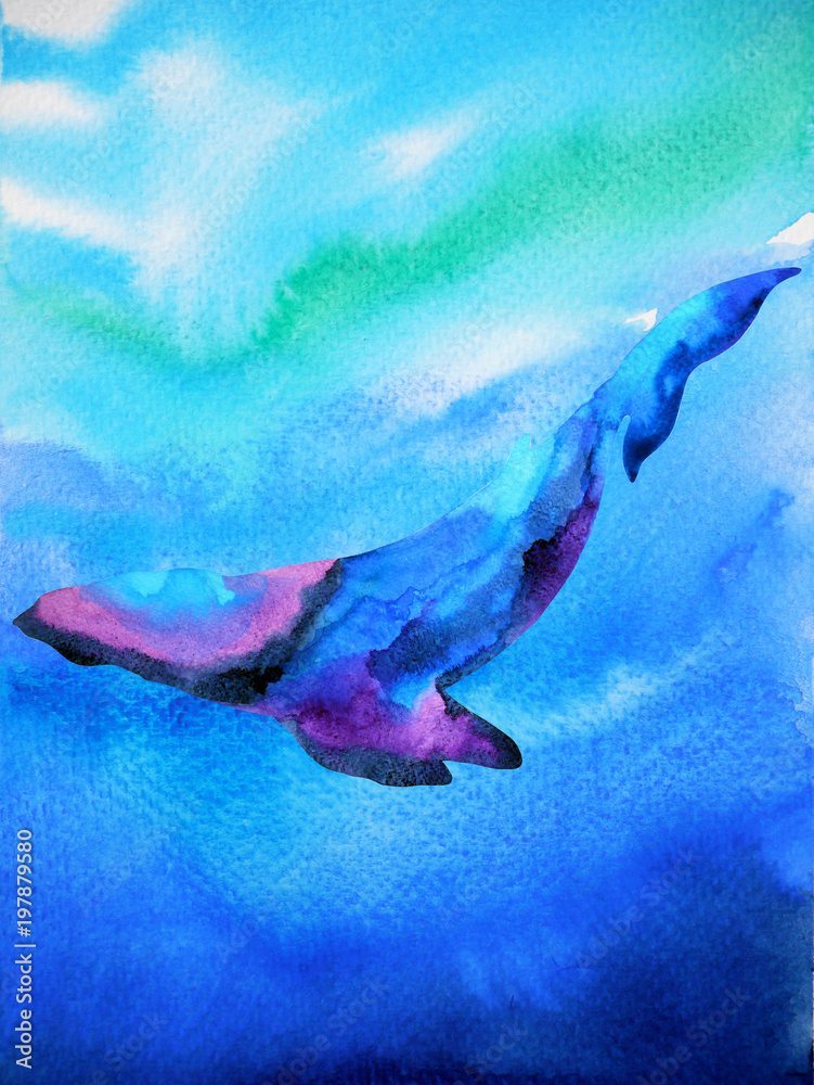 Fototapeta premium big whale diving swimming in deep blue ocean sea watercolor painting illustration design hand drawn