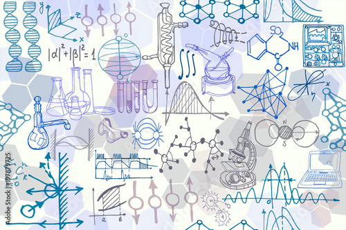 Vector seamless pattern with sketch elements related to science or education. Physics or chemistry abstract background with parts of decorative lab tools and diagrams. Hand drawn.