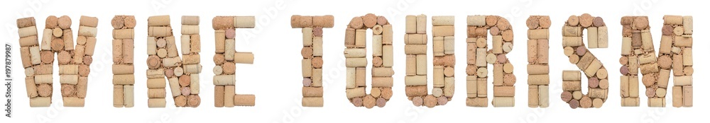 Word Wine tourism made of wine corks Isolated on white background