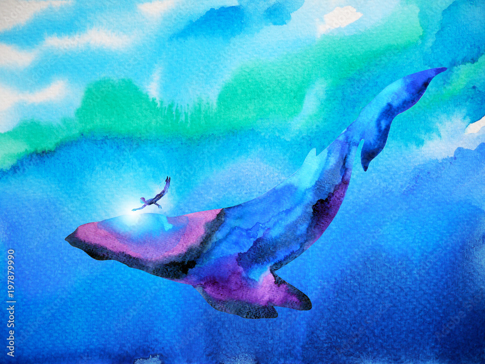 Naklejka premium człowiek i wieloryb nurkowanie, pływanie pod wodą razem akwarela ilustracja ciągnione