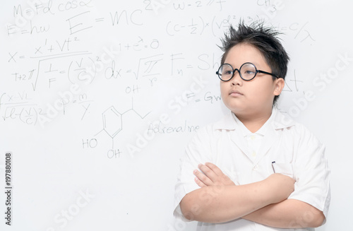 Smart asian scientist boy on whiteborad