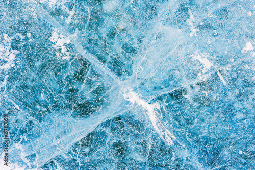 Blue ice on the frozen lake.