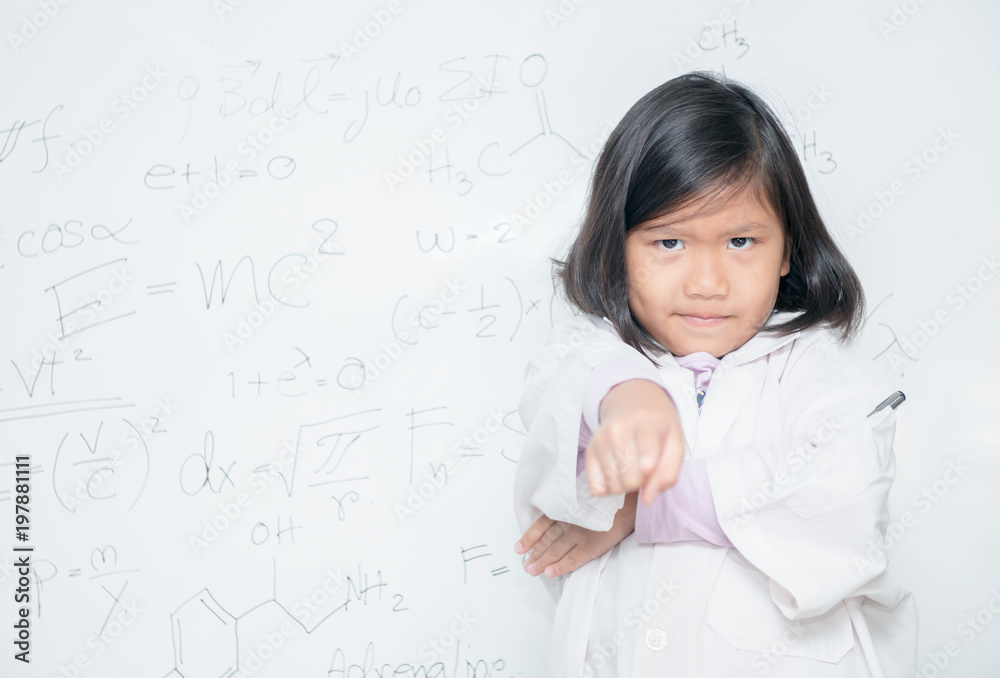angry little scientist pointing finger on white borad angry little scientist pointing finger on white borad