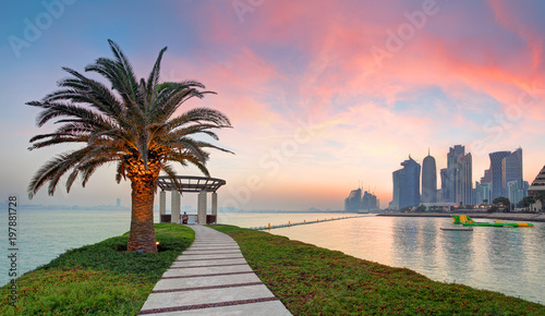 Slika na platnu Doha with palm at dramatic sunset, Qatar