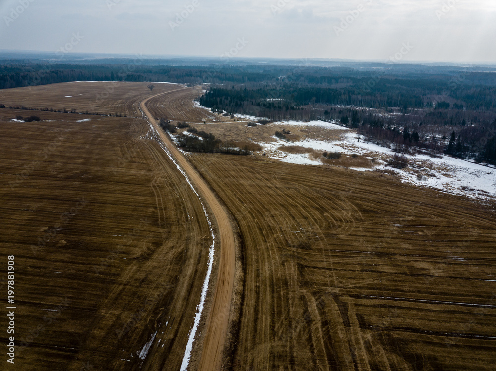 drone image. aerial view of rural area with fields in early spring