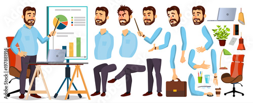 Boss Business Man Character Vector. Working Bearded CEO Male. Start Up. Modern Office Workplace. Chief Executive Officer, General, Colonel, Capital. Animation Set. Face Emotions. Cartoon Illustration