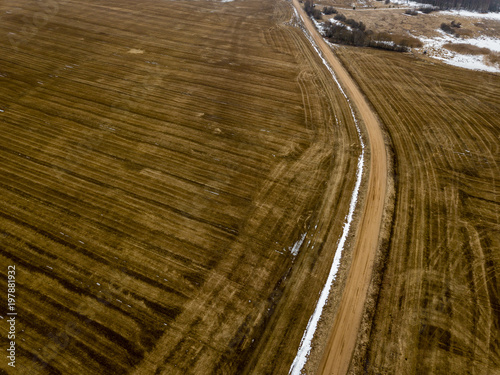 drone image. aerial view of rural area with fields in early spring