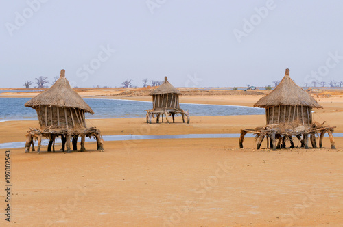 Granaries on stilts out in the sea to protect from fire, Joal , Senegal 
