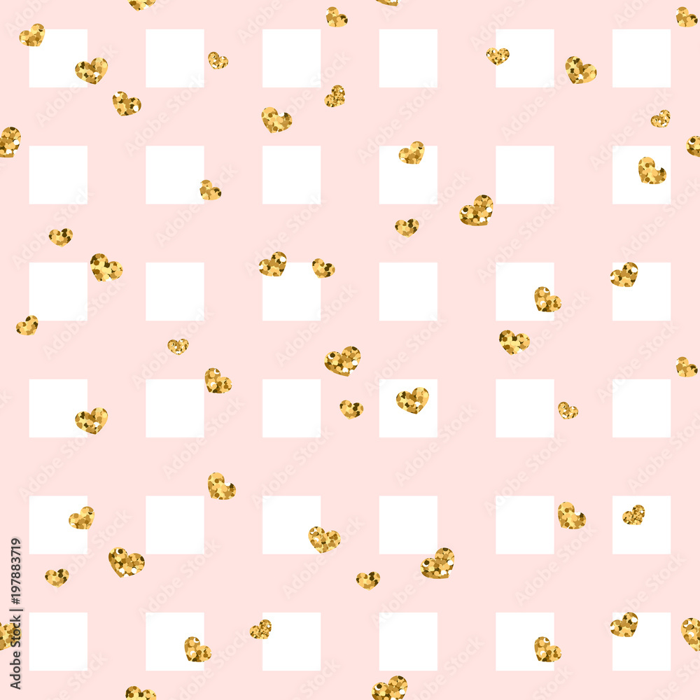 Gold heart seamless pattern. Pink-white geometric square, golden confetti-hearts. Symbol of love, Valentine day holiday. Design wallpaper, background, fabric texture. Vector illustration Gold heart seamless pattern. Pink-white geometric square, golden confetti-hearts. Symbol of love, Valentine day holiday. Design wallpaper, background, fabric texture. Vector illustration