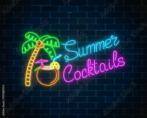 Neon summer cocktail bar sign on dark brick wall background. Glowing gas advertising with shake in coconut