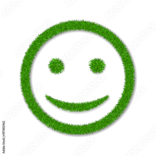 Green grass face smile. Smiley grassy icon, isolated white background. Ecology concept. Happy smiling sign. Symbol eco lawn, nature, safe environment, healthy, fresh spring. Vector illustration