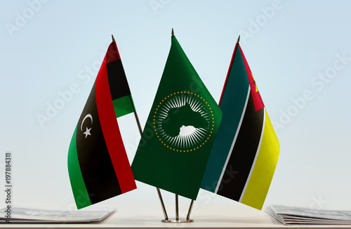 Bild auf Leinwand Flags of Libya African Union and Mozambique